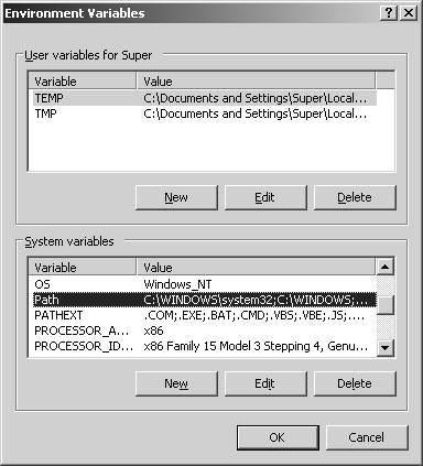 how to change environment elements in windows 2003